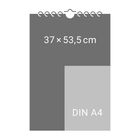 "37 × 53,5 cm" und "DIN A4". Illustration mit Spiralbindung und zwei Rechtecken, eines kleiner und heller.