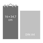 Links: "16 × 34,7 cm" auf grauem Hintergrund mit Spirale oben. Rechts: "DIN A4" auf hellgrauem Rechteck.