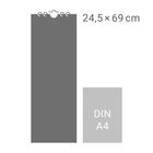 Zwei Rechtecke: Großes 24,5 × 69 cm; kleines DIN A4. Das große hat Metallösen oben, das kleine ist heller.