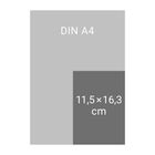 Graue Illustration zeigt "DIN A4" im Hintergrund und "11,5 × 16,3 cm" in einem kleineren, dunkleren Rechteck vorne.