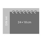 Text: "24 × 18 cm", "DIN A4". Eine Illustration eines Blattes mit Spiralbindung, das kleiner als DIN A4 ist.
