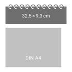 Oben Text "32,5 × 9,3 cm", darunter graues Rechteck mit "DIN A4", Spiralbindung oben.