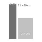 11 × 49 cm. DIN A4. Illustrationen zweier grauer Rechtecke, eins hoch, eins im A4-Format.