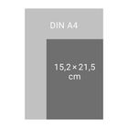 Zwei graue Rechtecke, ein großes mit "DIN A4" und ein kleineres mit "15,2 × 21,5 cm".