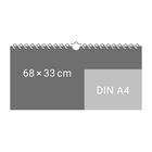 Beschriftung mit "68 × 33 cm" und "DIN A4", Spiralbindung oben, zwei Farbbereiche.