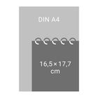 Text "DIN A4" oben, "16,5×17,7 cm" auf dunkler Fläche unten, Darstellung von zwei Papiergrößen mit Ringbindung.