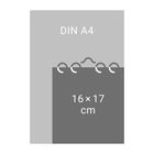 DIN A4, 16×17 cm; Illustration: Tablettenkalender mit Spirale vor grauem Hintergrund.