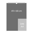 Text: „49 × 68 cm“, „DIN A4“. Eine schematische Darstellung eines Kalenders mit einer Spiralbindung oben.