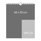 Eine Illustration zeigt ein graues Rechteck mit "46 × 55 cm". Daneben ein kleineres Rechteck mit "DIN A4".