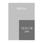 Graue Rechtecke, eines beschriftet mit "DIN A4", das kleinere mit "12,5×16 cm".