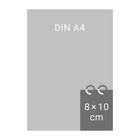 Text oben: "DIN A4". Unten rechts: "8×10 cm". Ein kleines Rechteck überlappt unten rechts ein größeres. 