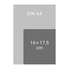 Text "DIN A4" oben, "16 × 17,5 cm" unten. Graue Flächen zeigen Größenvergleich von DIN A4 und kleinerem Rechteck.