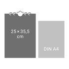 Links: Die Maße "25 × 35,5 cm". Rechts: "DIN A4". Links größerer grauer Block mit Bindung.