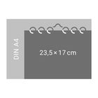 Text: "DIN A4" und "23,5 × 17 cm". Rechteck mit Spiralbindung über grauem Hintergrund.
