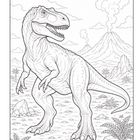 Zwei Dinosaurier am Wasser, einer mit Rückensegel. Palmen und Berge im Hintergrund. Schwarz-weißes Illustrationsstil.