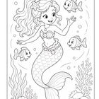 Illustration einer Meerjungfrau unter Wasser mit Schloss, Fischen, Schatztruhe und Seestern.