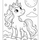Ein einhornähnliches Cartoon-Tier steht auf einer Wiese unter einem großen Mond, umgeben von Sternen und Wolken.