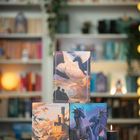 Drei Ravensburger Puzzle mit Drachenmotiven auf einem Holztisch, im Hintergrund ein Bücherregal mit warmem Licht.