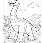 Illustration: Ein lächelnder Dinosaurier mit langem Hals steht in einem Gewässer, umgeben von Bergen, Pflanzen und Wolken.