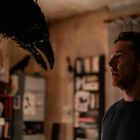 Ein Mann steht in einem Raum und blickt in die Augen eines großen schwarzen Vogels. Im Hintergrund sind Bücherregale.