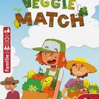 Titel "Veggie Match", niedliche Bauern mit Kisten voller lachendem Gemüse, Logo von Pegasus Spiele unten rechts.