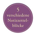 Ein runder, lila Hintergrund mit der Aufschrift "5 verschiedene Notizzettelblöcke" in cremefarbener Schrift.