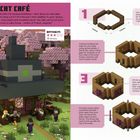 "WITCH CAT CAFÉ. Difficulty: 2 stars. 40 mins. Beschreibt ein Café mit Bauanleitung aus Holz und verglasten Fenstern in einem pixeligen Stil, umgeben von rosa Blüten."