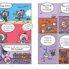 Eine Comicseite: Ein Koala und ein Vogel beklagen zerstörtes Eigentum. Zerbrochene Tassen und Teller, kaputte Wände.