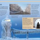 Ice Storms: Schnee, der zu Boden fällt, gefriert und verursacht Probleme wie Stromausfälle. Zwei Bilder von vereisten Gebäuden.
