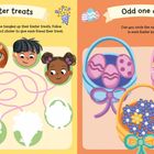 "Easter treats" und "Odd one out" oben. Links Kinderporträts und Labyrinth, rechts Ostereier und Katzen in Körben.