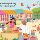 "Flowers bloom and songbirds sing, Holi's here to welcome spring! How many birds can you count?" Markt voller Farben.