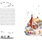 Rechte Seite: Illustration eines strohgedeckten Hauses, umgeben von Hasen in bunter Kleidung, und Vögeln am Himmel.