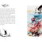 Zwei Textseiten. Links eine Zeichnung eines Tiers im Wasser. Rechts farbige Illustration eines Tiers am Poolrand.