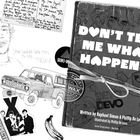 "Don't tell me what happens" steht auf einem Buch mit Illustrationen. Sticker zeigen ein Auto, Menschen und eine Banane.