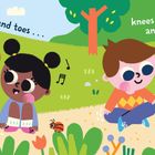 Kinder spielen fröhlich im Freien, umgeben von Bäumen und Blumen, begleitet von Musiknoten.