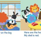 Texte: "Look! I see snow on the big sled hill!", "Here are the hats and the sleds. My sled is red."  
Illustration: Tiere schauen aus einem Fenster auf einen Schneehügel und bereiten sich mit Schlitten und Mützen vor.