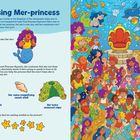 "Missing Mer-princess", "Her trident wand", "Her voice-magnifying conch shell", "Her lucky seaweed cape", "six smiling starfish". Eine farbenfrohe Unterwasserwelt mit Meerjungfrauen und Meeresbewohnern. Rechts ein leerer Thron.