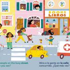 Eine bunte Straßenszene mit beschrifteten Elementen: Auto, Helm, Fenster, Tür, Rollschuhe, Mülltonne. Lebendige Aktivitäten.