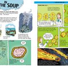 Text über die Entstehung des Lebens aus einer "Ursuppe," Entwicklung von Zellen, und Theorien über kosmischen Ursprung. Comic-Stil.