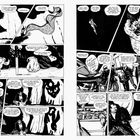 Comic: Zwei Seiten mit Text in Sprechblasen. Dramatische Szenen mit Figuren, eine hält ein Kind im Arm, eine andere neben einem Messer.