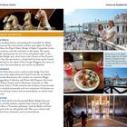 "VENICE DISTRICTS: San Marco, Dorsoduro, San Polo. Bronze horses, St. Mark’s Basilica, Grand Canal, cicchetti Bar." Links oben sind bronzene Pferde. Oben rechts stehen zwei Personen auf einem Balkon mit Blick auf einen belebten Platz und Wasser. Unten rechts ein Teller mit kleinen Speisen und Getränken. Ganz unten rechts ein Blick auf den Canal Grande mit einer Kirche. Unten mittig eine große Treppe in einem kunstvoll dekorierten Gebäude.