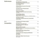 Inhaltsverzeichnis mit den Teilen "Performance" und "Composition". Enthält Titel und Autorennamen zu Themen über Beton.