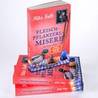 Buchcover mit Text: "Fleischpflanzerl-Misere" von Rita Falk, Ein Provinzkrimi, mit einem Entenbild und Tischszenen.