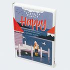 "Happy. Kleiner Hund und großes Glück." Illustration eines Mädchens mit Hund auf einem Steg, Möwen und ein Haus im Hintergrund.