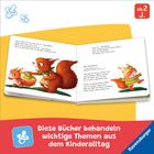 „Diese Bücher behandeln wichtige Themen aus dem Kinderalltag.“ Zwei Eichhörnchen, eines mit Schal, auf einer offenen Buchseite.