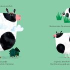 Text oben: "Am besten denkst du an eine Kuh." Unten rechts Illustrationen von zwei Kühen, eine groß, eine klein.
