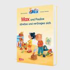 Pauline spielt gerne Kaufladen. Kinder mit Obst, Piratenhut, Schatzkiste, Plüschtieren und Zelt. Illustration.