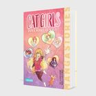 „CAT GIRLS: DON'T WORRY, BE KATZI!“ Illustratives Cover: Fröhliche Manga-Figur mit langen Haaren, Herzbläschen mit Figuren.