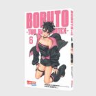 "Boruto -Two Blue Vortex- 6" in pink, Illustration eines Charakters in schwarzer Kleidung mit rosa Akzenten, Carlsen Manga Logo.