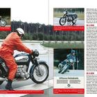 Texte: "BMW", "Die /5-Reihe", "Geheimnis", "Der BMW-Slogan". Vier Bilder von Motorradfahrern und -modellen. Wald im Hintergrund.